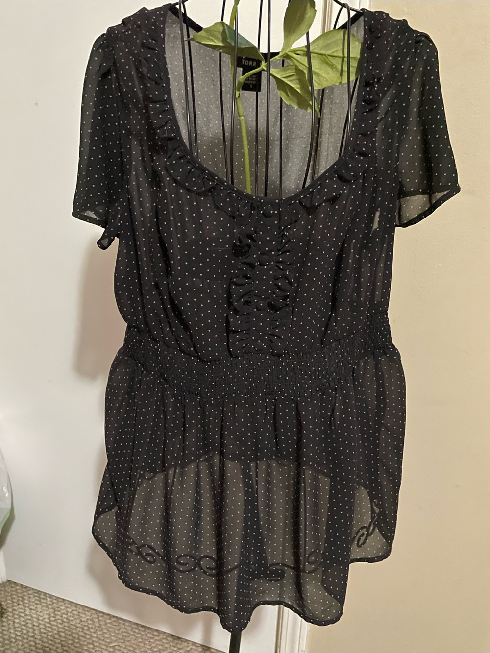 Black Sheer Polka Dot Ruffle Peplum Blouse - Picture 2 of 6